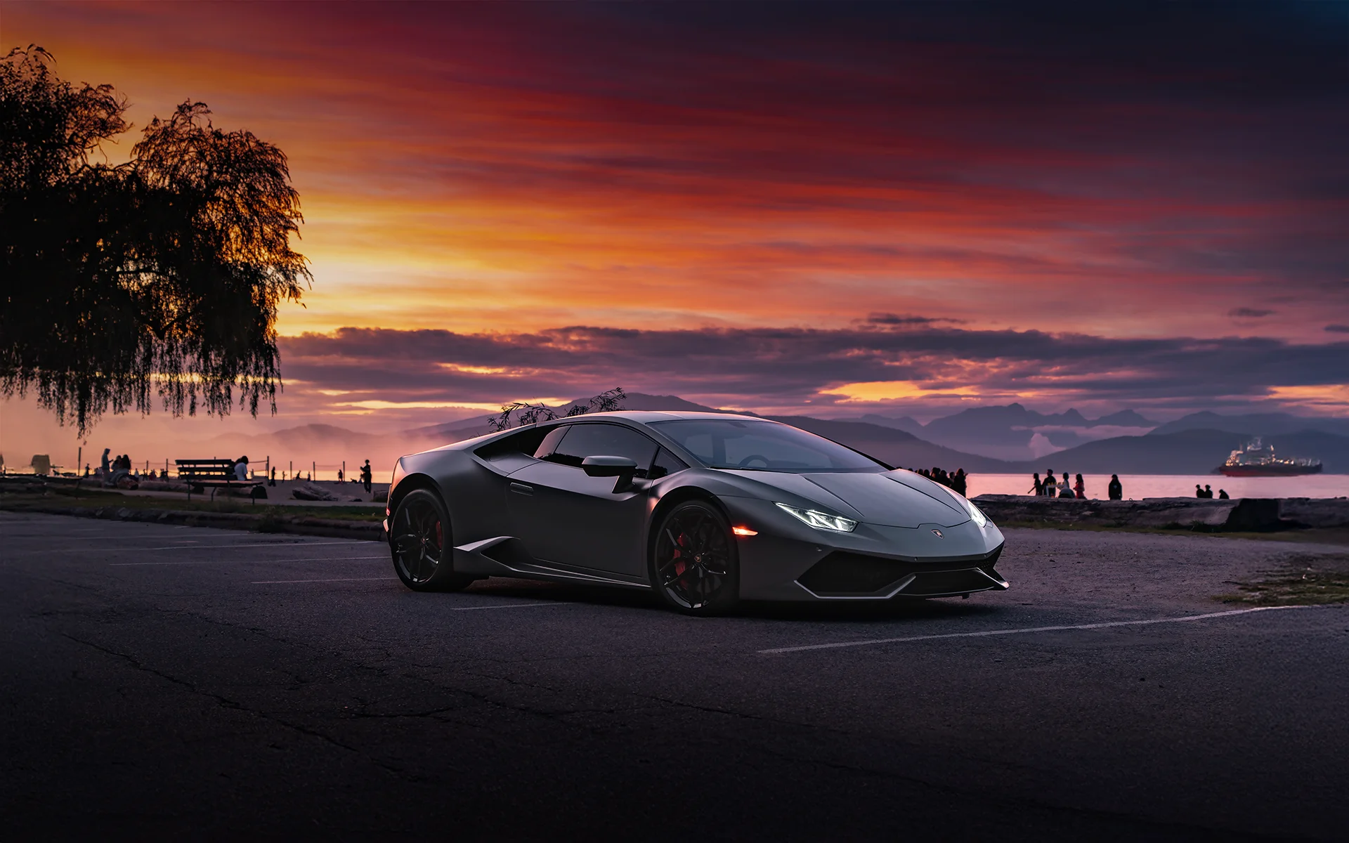 Professional photo of a Lamborghini Huracan at Spanish Banks during sunset in Vancouver, BC